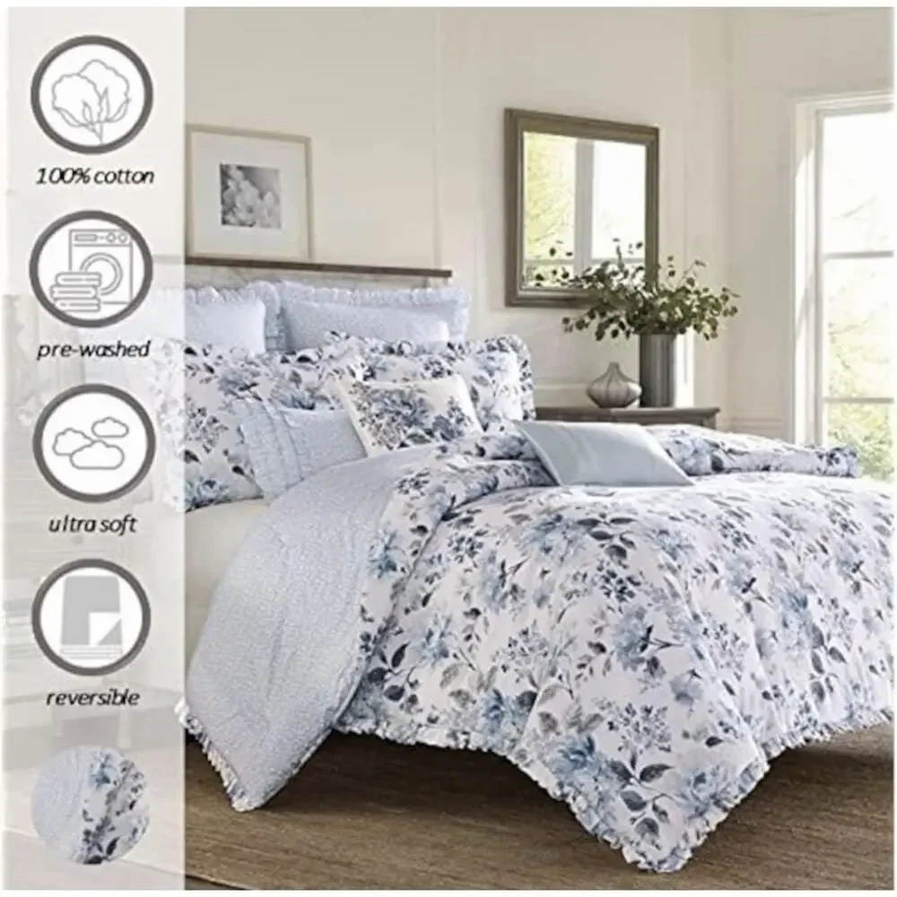 Laura Ashley Chloe 2 Pce. Twin Duvet Cover Set Reversible Floral Cotton Blue
